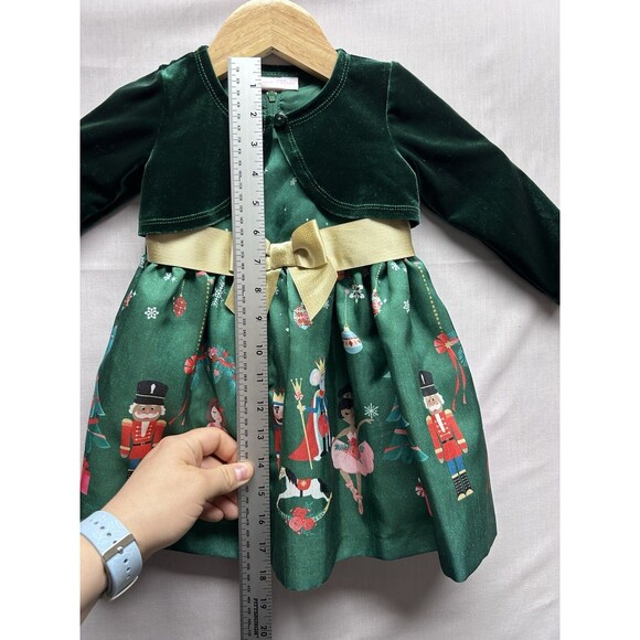 Bonnie Baby Girls 12 Month Christmas Dress + Shrug Green Velvet Nutcrackers Bow - Picture 6 of 9